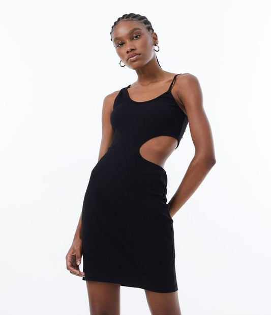 Vestito corto nero a coste con dettaglio in vita
