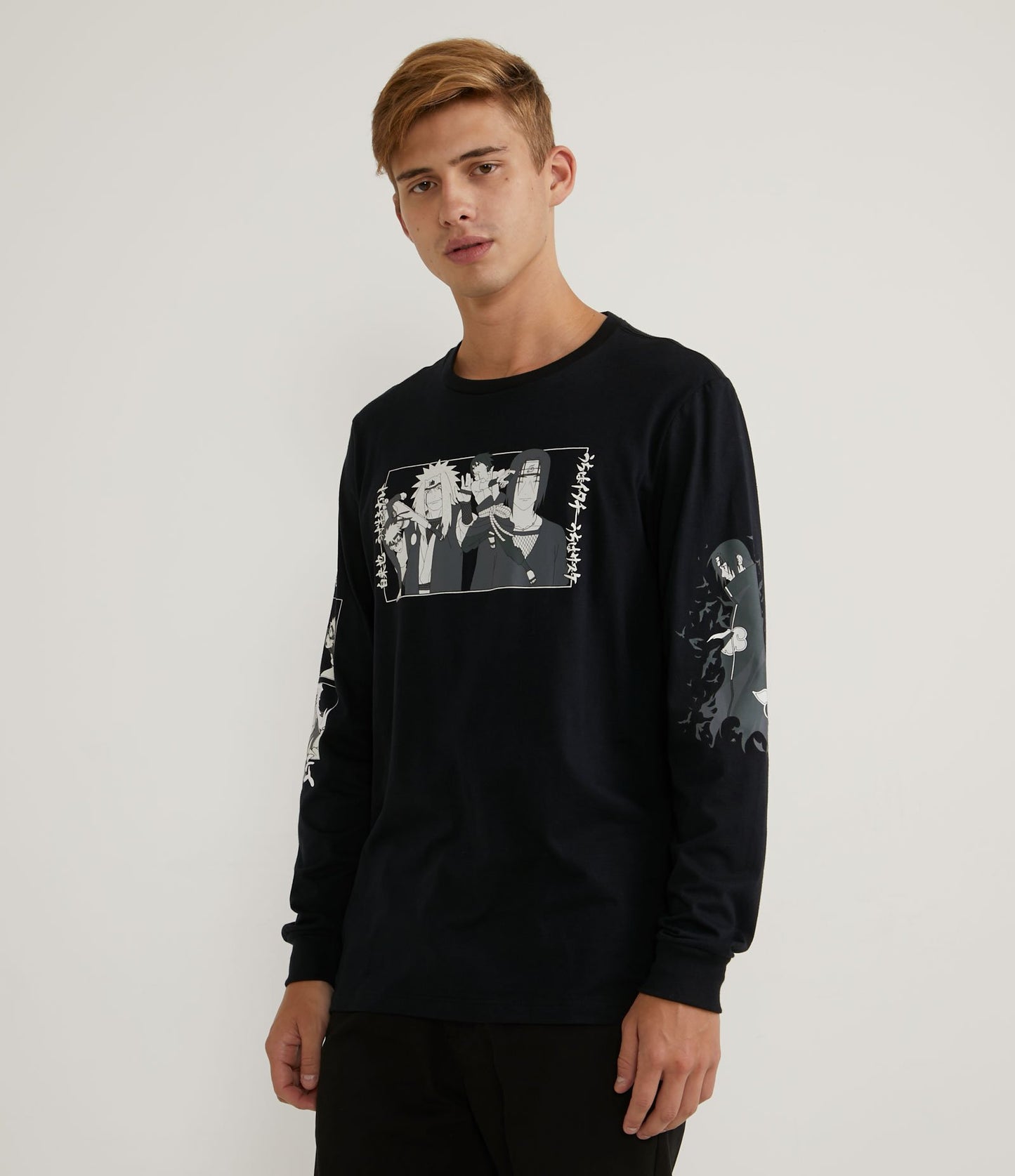 Camiseta de algodón de manga larga con estampado negro de Naruto