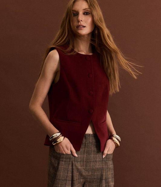 Long Boho Suede Vest with V-Detail Hem in Burgundy