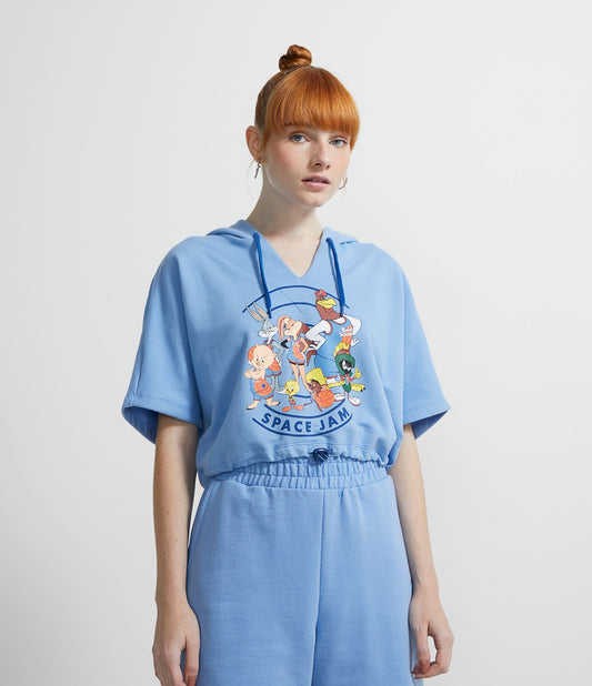 Closed Sweatshirt in Blue Fleece with Short Sleeves and Space Jam Characters Print