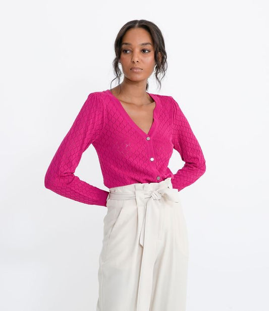 Cardigan rosa in maglia con maniche a sbuffo e bottoni frontali