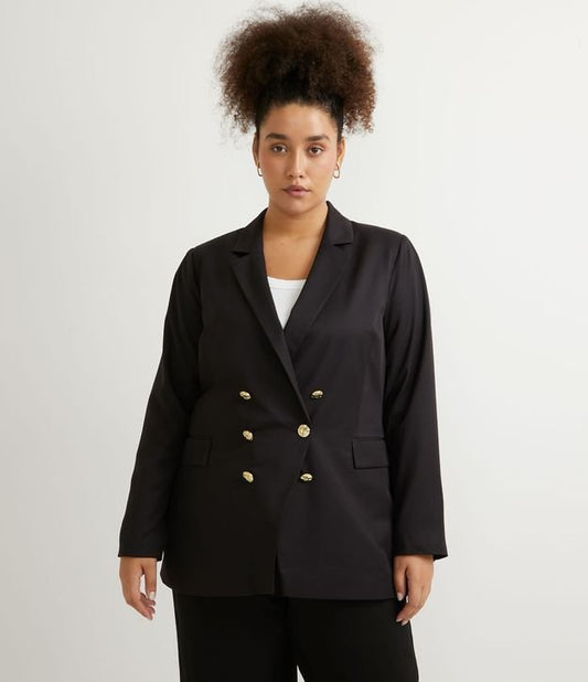 Blazer lungo sartoriale con bottoni dorati, Curve e taglie forti, nero
