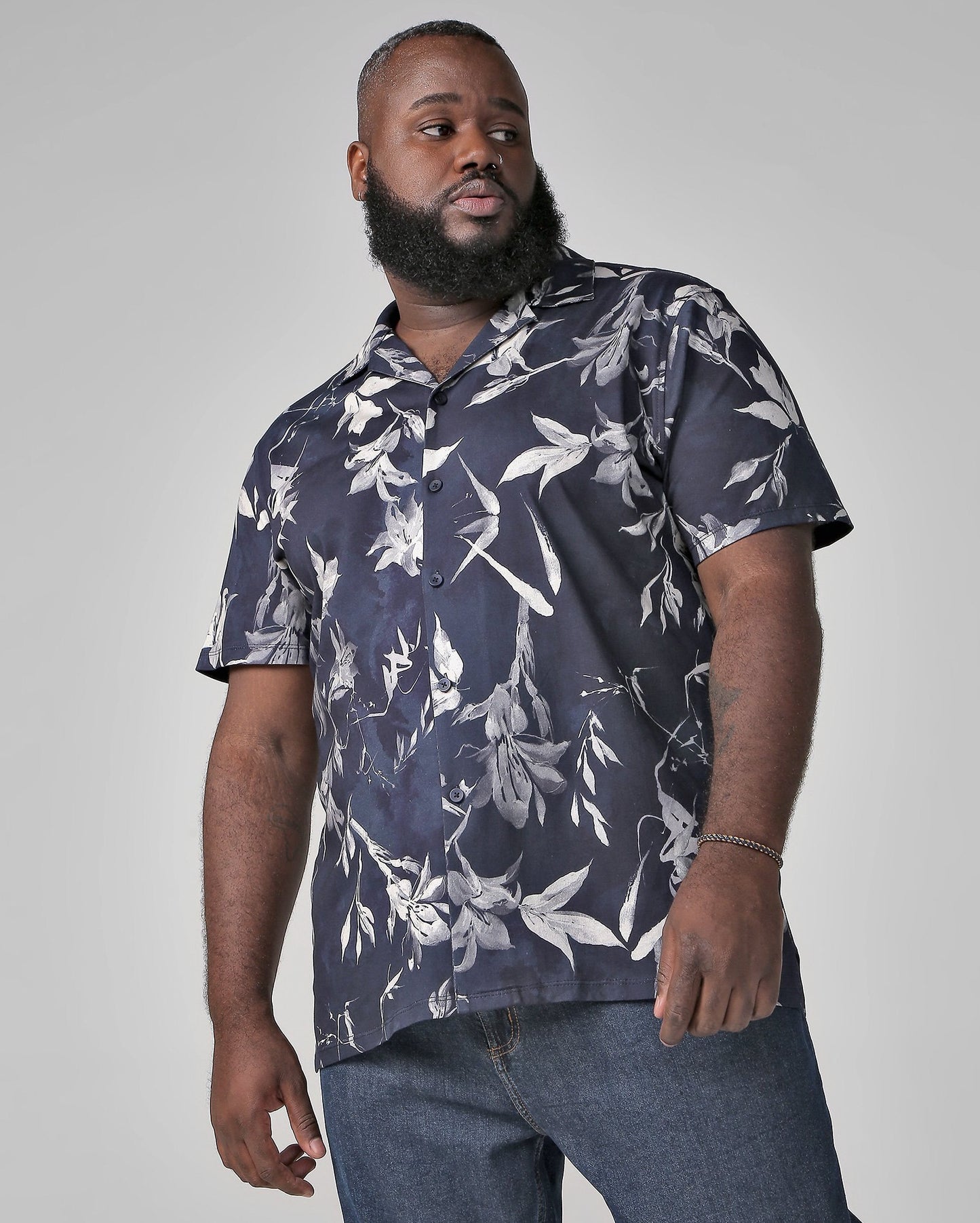 Men's Plus Size Short Sleeve Blue Leaf Print Shirt by Allman for Riachuelo