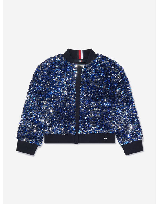 Chaqueta Varsity de lentejuelas azules para niña
