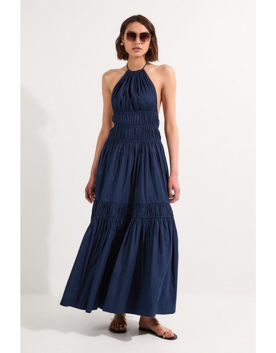 Vestido maxi com decote haltere em camadas de algodão com franjas