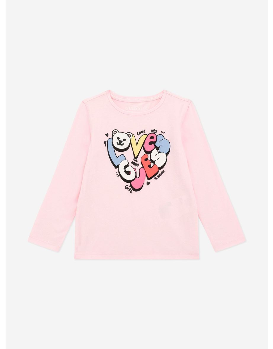 Camiseta rosa de manga larga para niña con logotipo de corazón