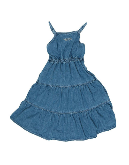 Vestido midi com camadas em jeans azul para menina da Calvin Klein Infant