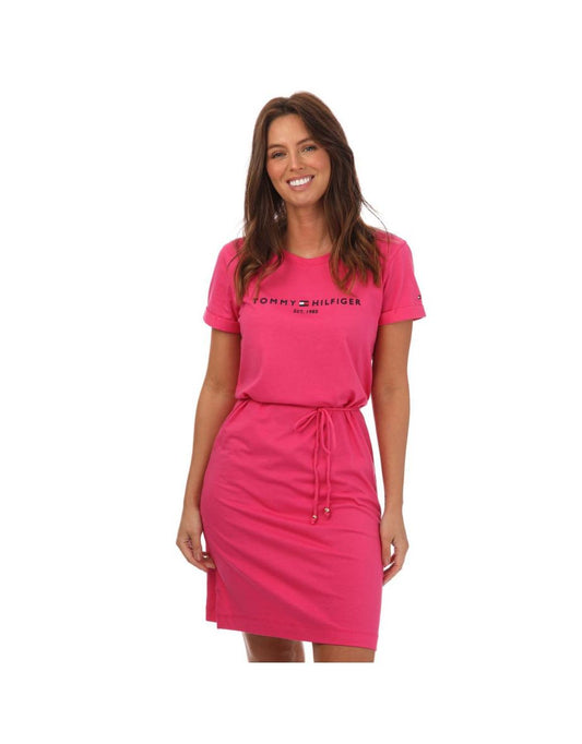 Vestido feminino de manga curta com logotipo da Tommy Hilfiger em rosa