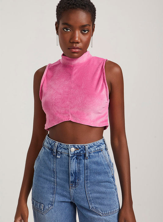 Blusa de terciopelo con cuello alto para mujer
