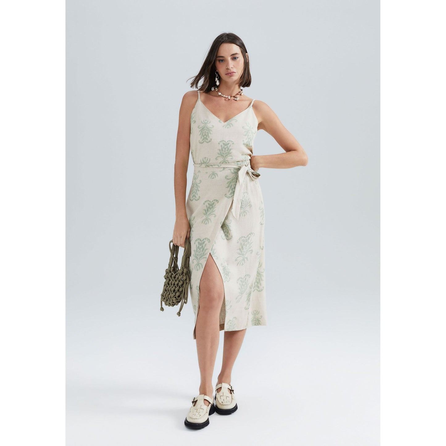 Gonna midi a portafoglio in misto lino e viscosa stampata