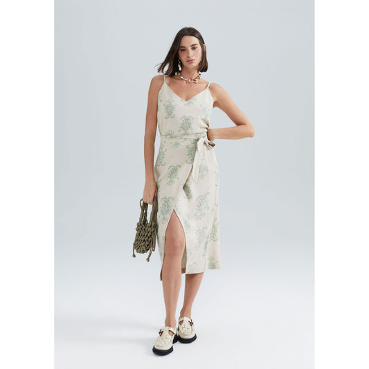 Gonna midi a portafoglio in misto lino e viscosa stampata