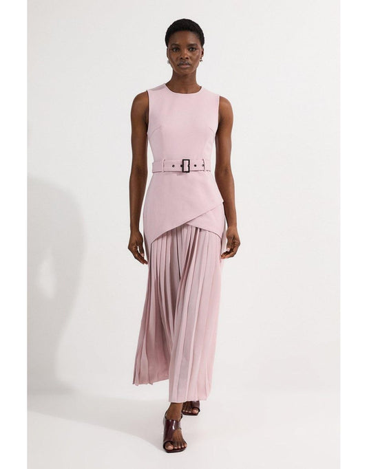Vestido maxi plissado de ponte e jersey georgette