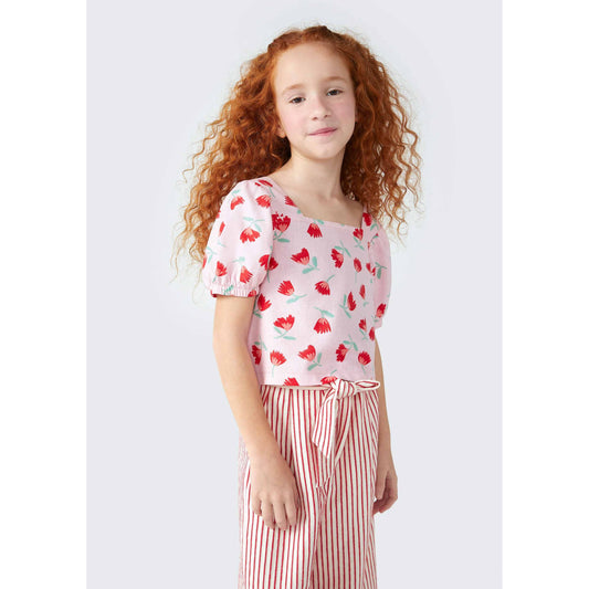Blusa de linho de manga bufante para meninas