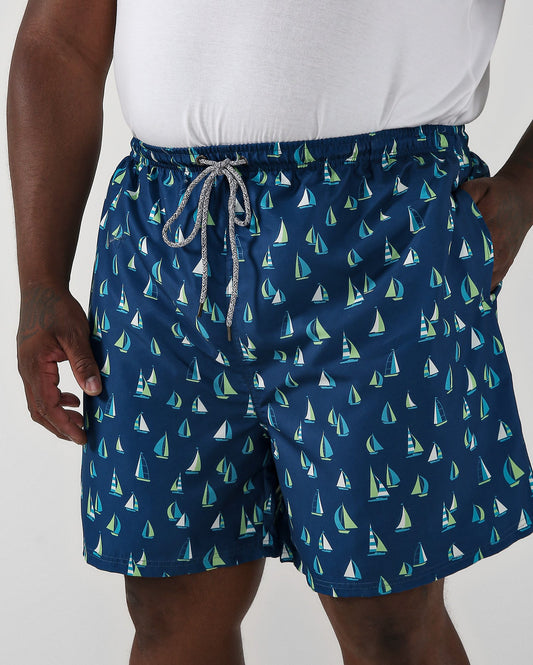 Shorts de banho masculinos com estampa de barco azul plus size - Allman By Riachuelo