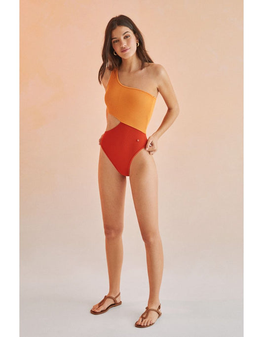 Trikini assimétrico laranja e marrom