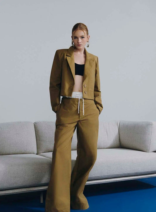 Wide Leg Double Layer Pants - Beige