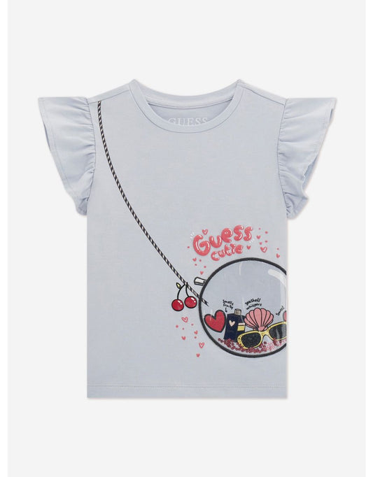 Camiseta estampada azul de niña con diseño de bolsa