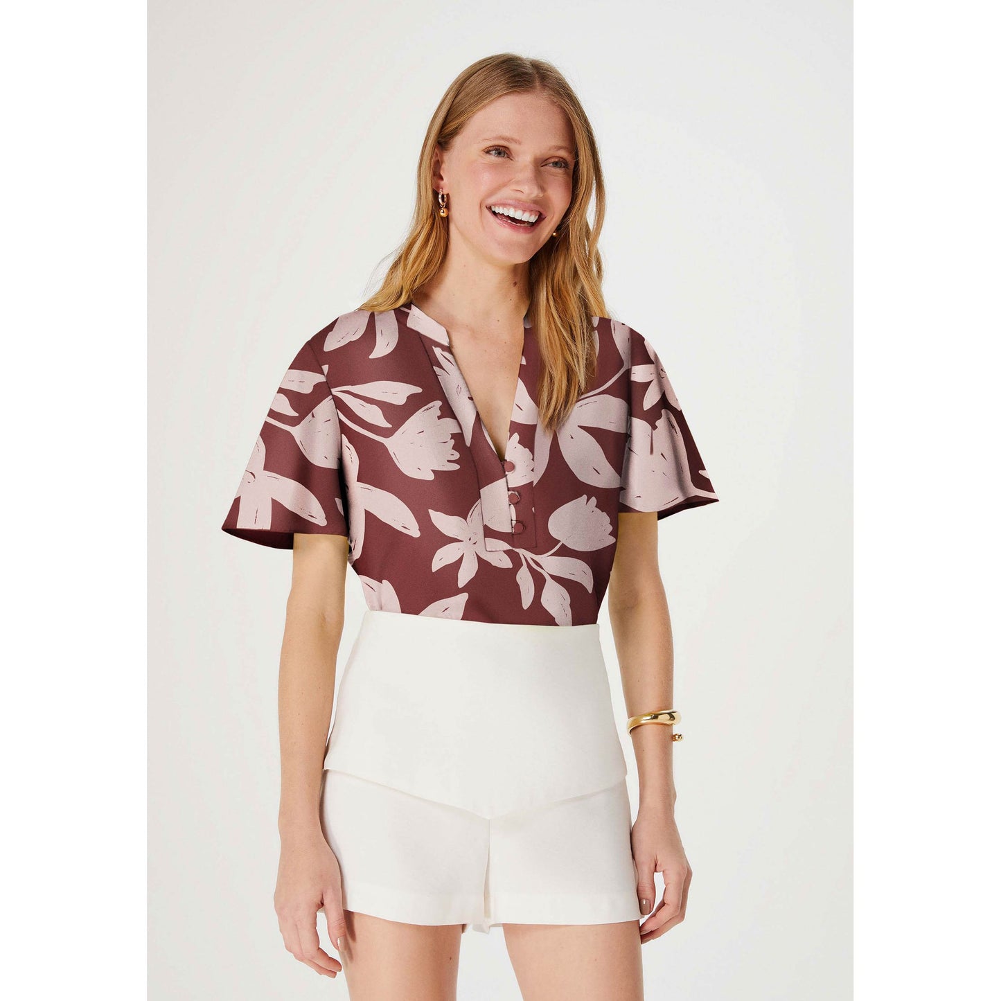 Men's V-Neck Buttoned Top with Print