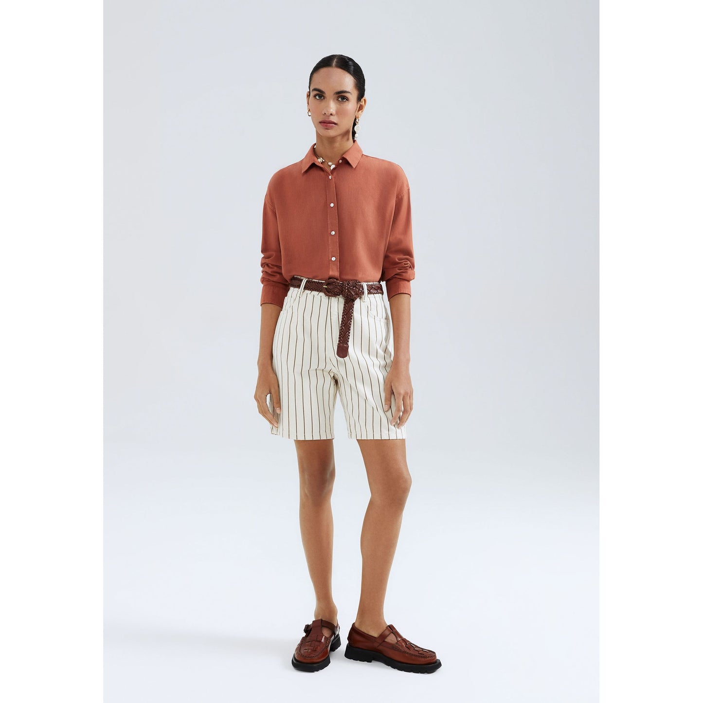 Shorts masculinos de sarja listrada de cintura média