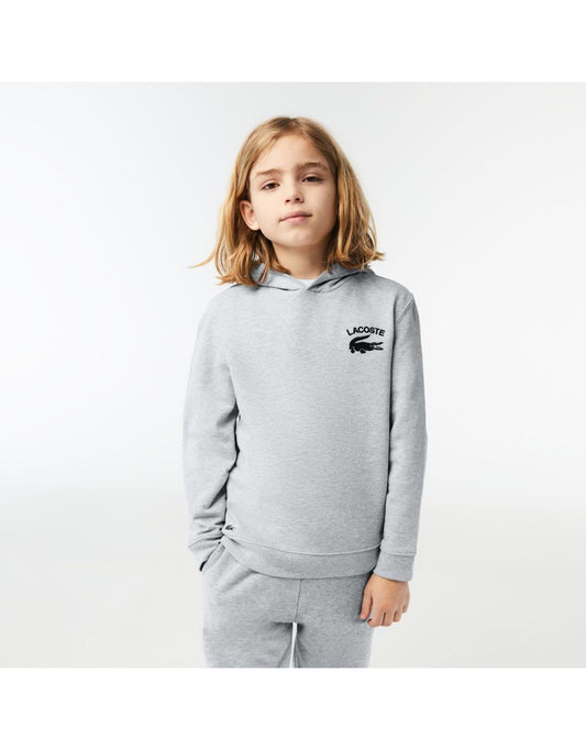 Felpa Lacoste grigia con cappuccio stampata da bambino