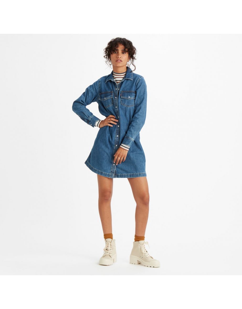 Vestido de manga longa com camisa de brim
