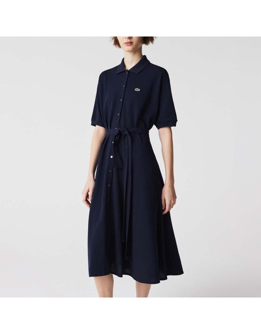 Polo Lacoste da donna con cintura in cotone piqué in blu