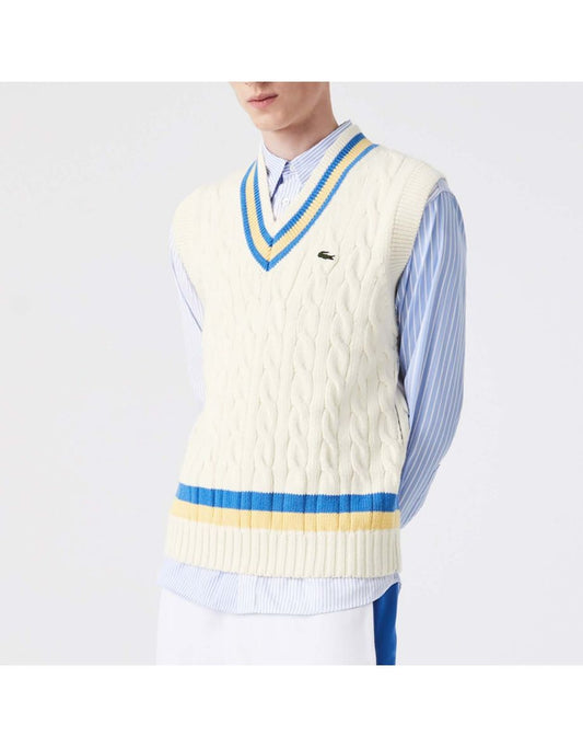 Colete masculino com suéter de lã Lacoste Classic Fit em creme