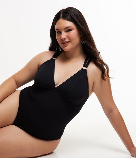 Traje de baño de poliamida texturizada con anillas y tirantes cruzados - Curve y Tallas Grandes Negro