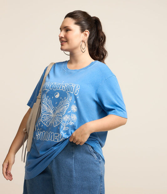 Camicetta blu lavata con stampa a farfalla - Fantastica Curve e Taglie Superiori
