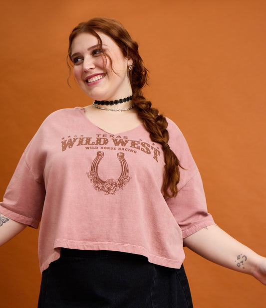 Blusa de algodão com estampa do Texas, Curve & Plus Size, rosa
