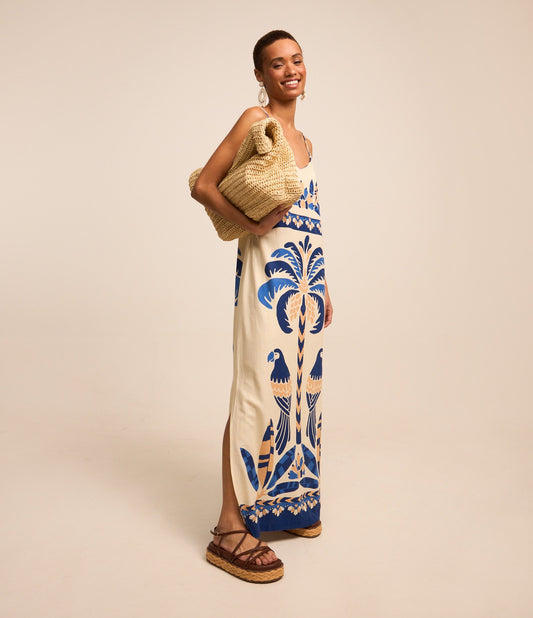Nuovo vestito midi con stampa tropicale beige in viscosa e lino