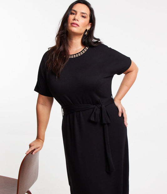 Vestido Midi con Cuello y Lazo en Contraste, Curvas y Tallas Grandes, Negro
