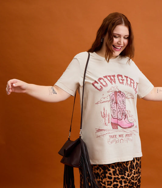 Maglietta in cotone bianco sporco con stampa cowgirl - Curve e taglie forti