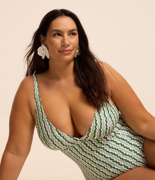 Costume da bagno in microfibra verde Curve e taglie forti senza imbottitura con stampa ad onde