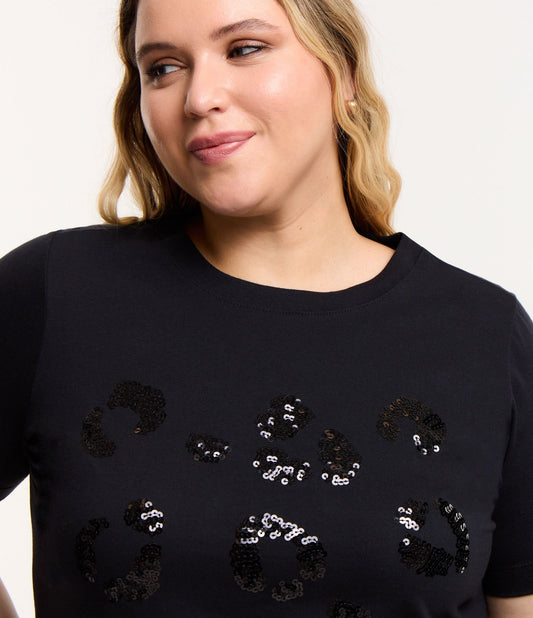 Camicetta in cotone nero con stampa animale di paillettes - Curve e taglie forti
