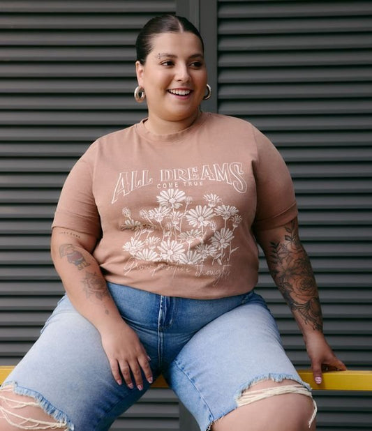 Maglietta marrone a mezza maglia con stampa floreale, Curve & Plus Size