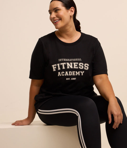 Maglietta sportiva oversize in cotone con stampa Fitness Academy, taglie forti e taglie forti, nero