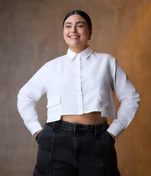 Camicia cropped tricolore con tasca sovrapposta Curve e taglie forti Bianco neve