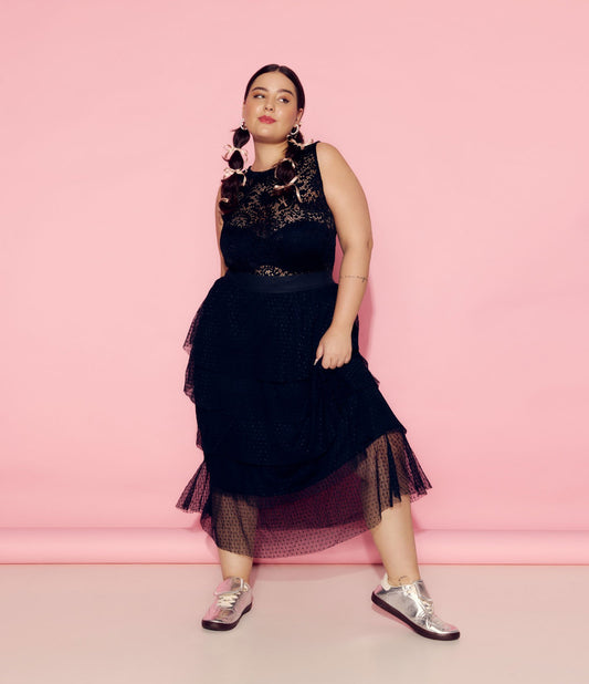Saia midi de tule em camadas com bolinhas pretas - Curve & Plus Size