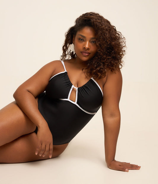 Costume da bagno con scollo ad aletta e finiture a contrasto Curve & Plus Size Nero