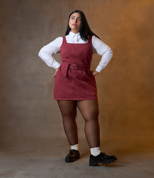 Vestido corto de sarga sin mangas con cinturones y bolsillos, Curvas y tallas grandes, Rojo