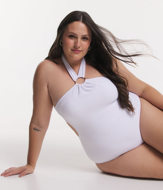 Costume da bagno con scollo ad aletta in poliammide e imbottitura rimovibile, Curve e taglie forti, bianco