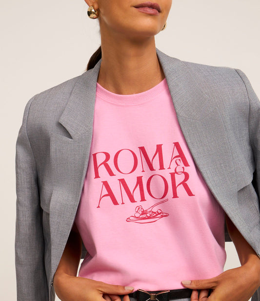 Camiseta de algodão com estampa rosa "Roma & Amor"