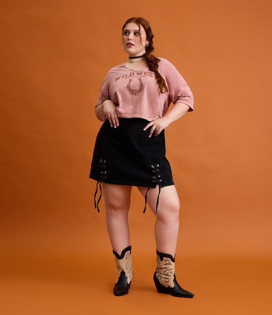 Falda vaquera corta negra con ojales y detalle de cordones - Curvas y tallas grandes