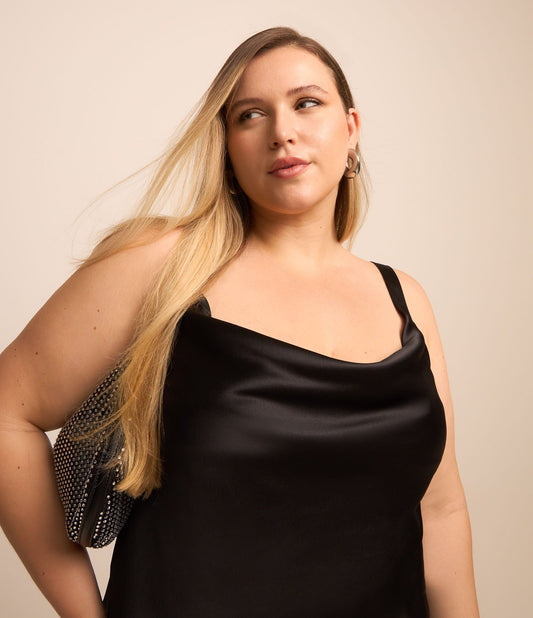 Camiseta regata de cetim com decote drapeado, Curve & Plus Size, preta