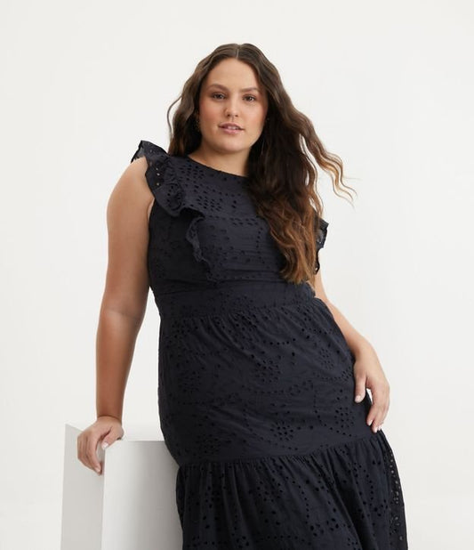 Vestido Largo de Encaje con Escote de Volantes, Curvas y Tallas Grandes, Negro