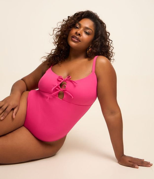 Maiô de poliamida com detalhes de laço no decote, Curve e Plus Size, rosa