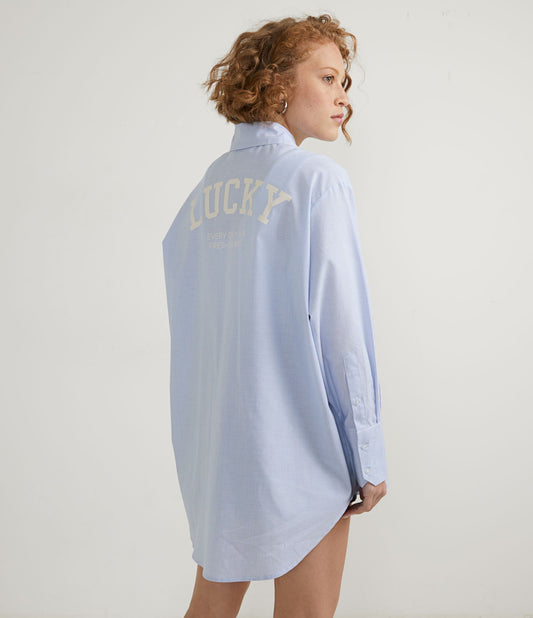 Striped Tricoline Long Shirt with "Lucky" Lettering on the Back - Blue
