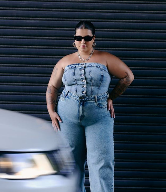 Top corsé vaquero sin tirantes con botones delanteros - Curvas y tallas grandes Azul
