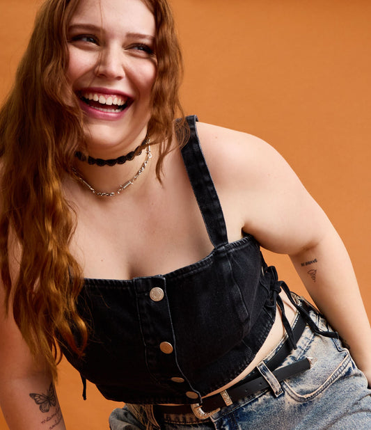 Blusa jeans cropped com amarração lateral e frente com botões, Curve & Plus Size, Preto